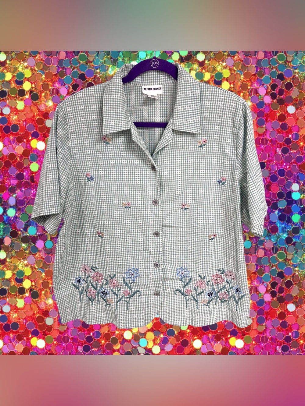 Vintage Alfred Dunner pastel gingham green and white floral garden button up